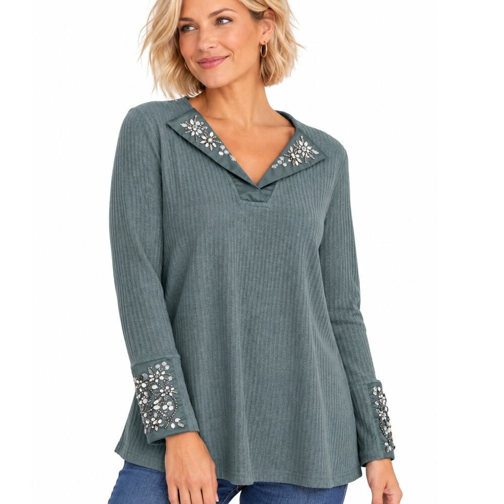 Soft Surroundings NEW Embellished Thermal Womens LP Sage Green Rhinestone Top